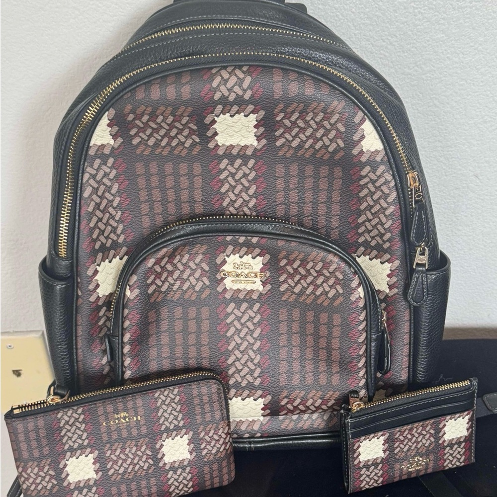 Coach Brown and Black Backpack with Plaid Design includes matching wallets - Picture 3 of 6